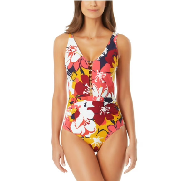 Anne Cole Swimsuit Size 10 Tropical Floral Print Front Cutout One Piece NWT - Picture 1 of 10